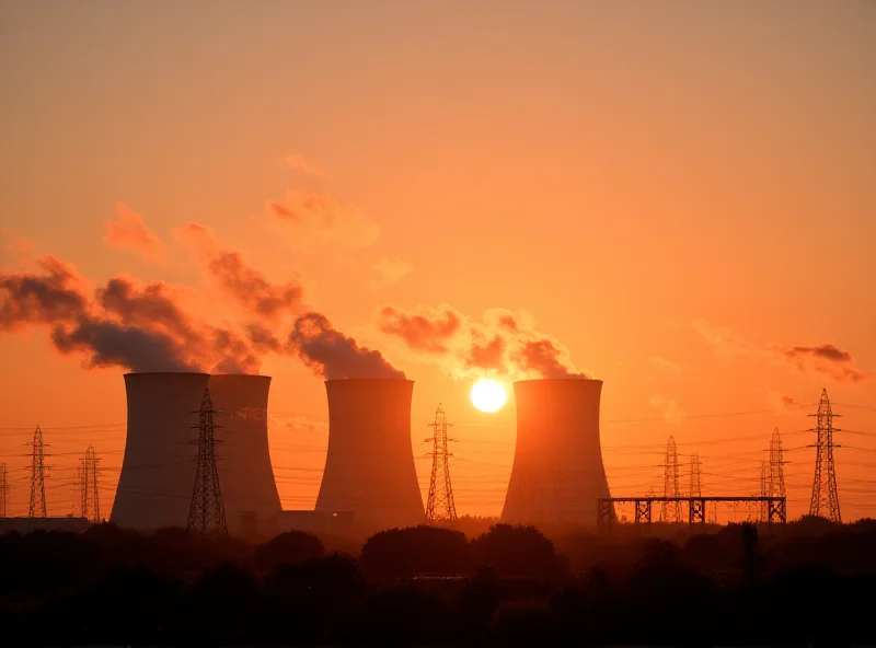 Modern power plant with cooling towers and transmission lines against a sunset.