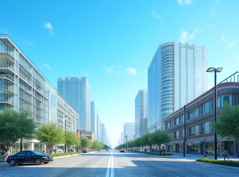 A modern cityscape in Turkmenistan with visible economic activity, such as construction and business operations, under a clear blue sky.