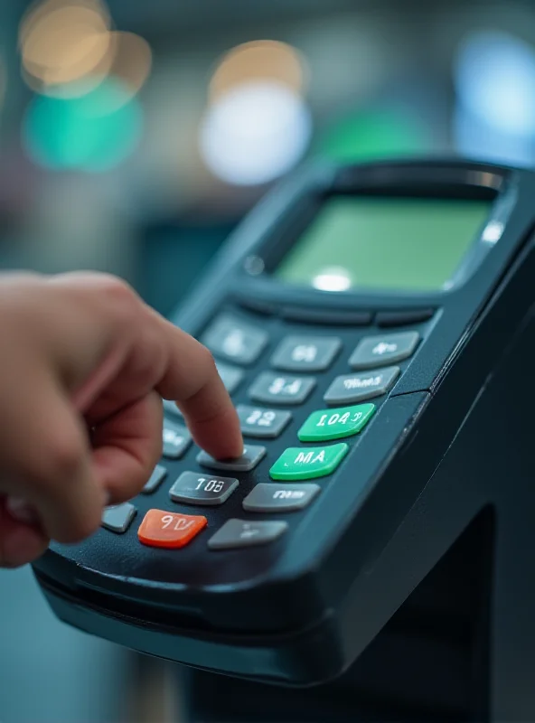 A close-up shot of a modern electronic payment terminal with a transaction being processed, symbolizing the upgraded payment systems in Turkmenistan.