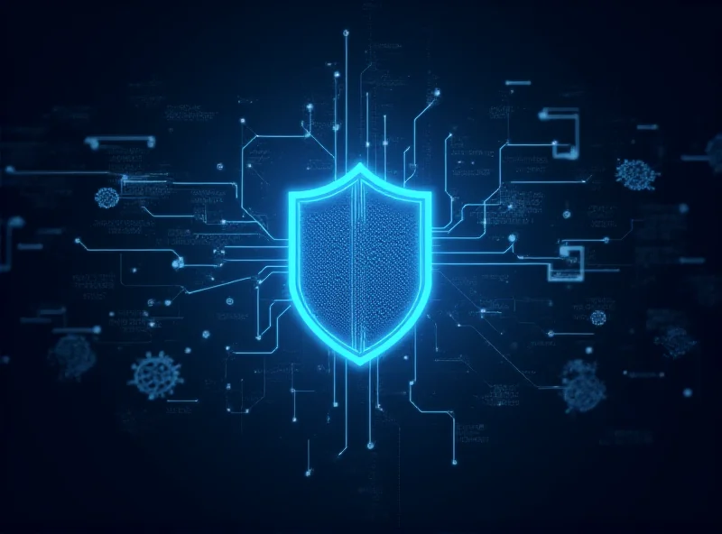 Conceptual image of a digital shield protecting computer networks from cyber threats.