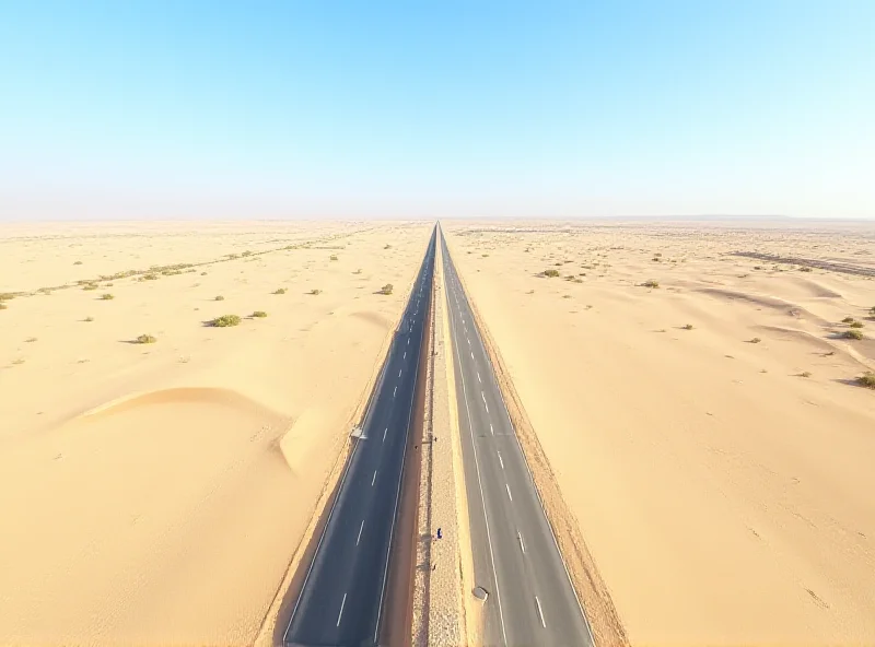 Aerial view of a modern highway cutting through a desert landscape in Turkmenistan.