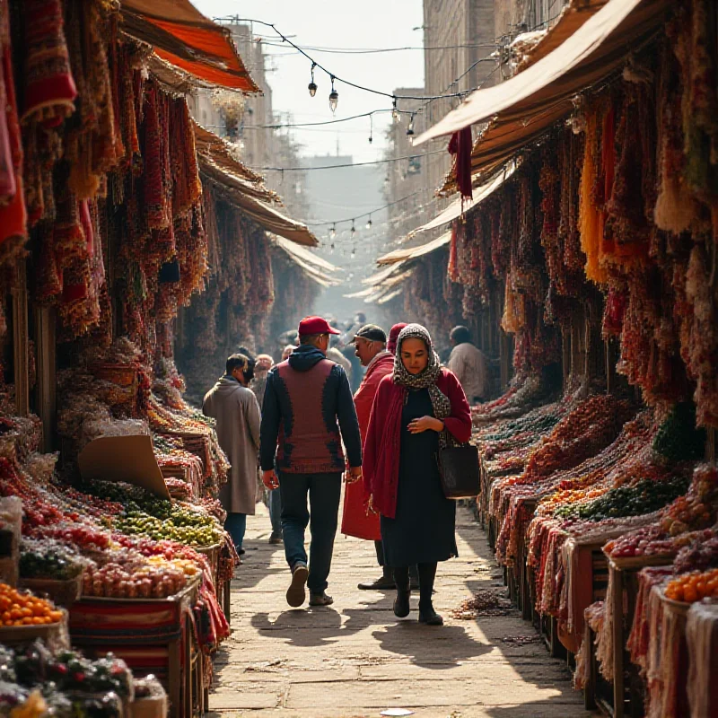 A bustling marketplace in Turkmenistan with vendors selling various goods and products.