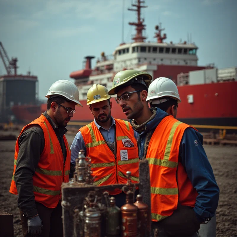 Workers inspecting a new ship pyrotechnics supply at the Balkan Shipyard in Turkmenistan