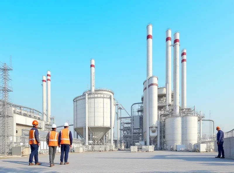 Exterior view of a modern ceramic factory with smokestacks and storage silos, set against a clear blue sky. Workers in hard hats are visible in the foreground.