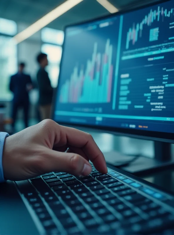 A close-up shot of a hand entering data into a computer in a modern office setting. The screen displays financial data and charts. In the background, blurred images of people working in the office are visible.