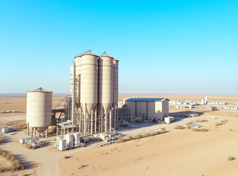 Aerial view of a modern cement factory with silos and industrial equipment, against a clear blue sky in Turkmenistan.