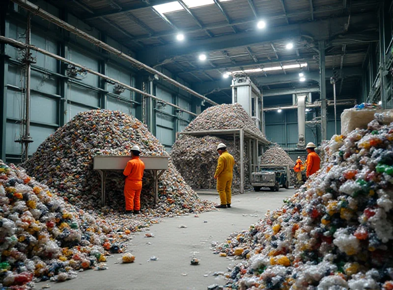 Interior of a modern waste recycling plant in Turkmenistan, with automated machinery sorting and processing various types of waste materials.