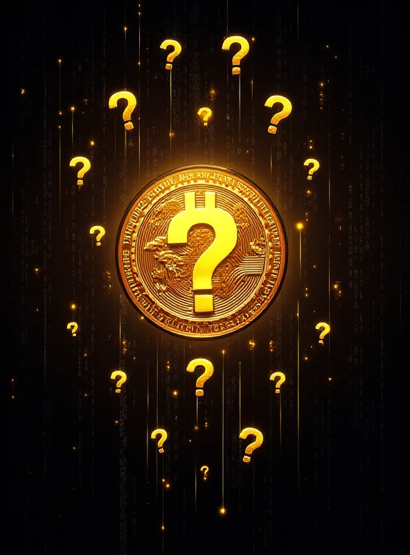 A stylized image representing Bitcoin, with question marks surrounding it.