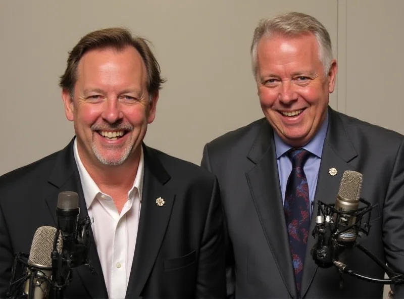 Steve Rosenberg and Ciaran Jenkins singing a duet, both smiling and holding microphones.