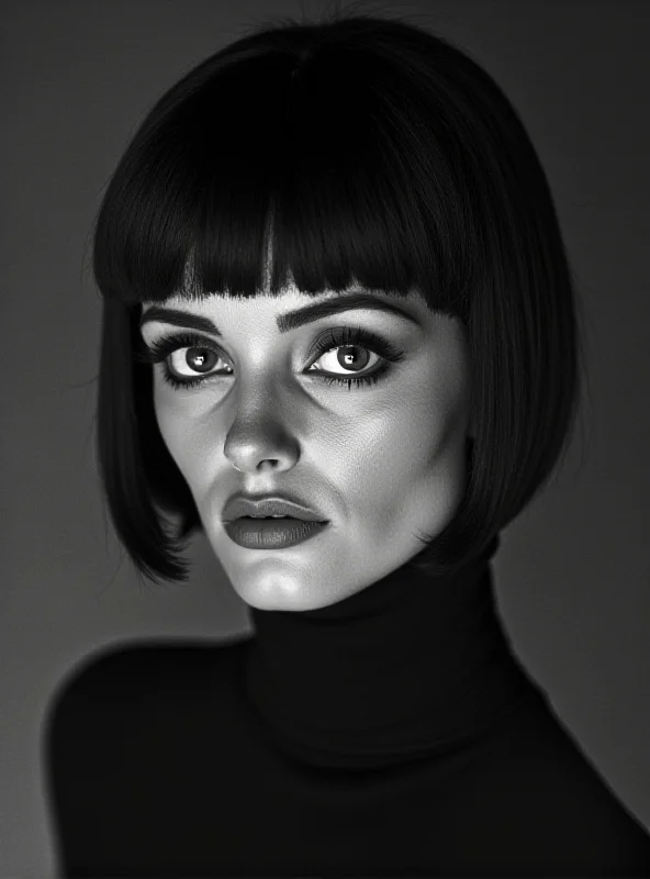 A young Twiggy in a black and white photograph, posing with her signature short haircut and striking eyes.