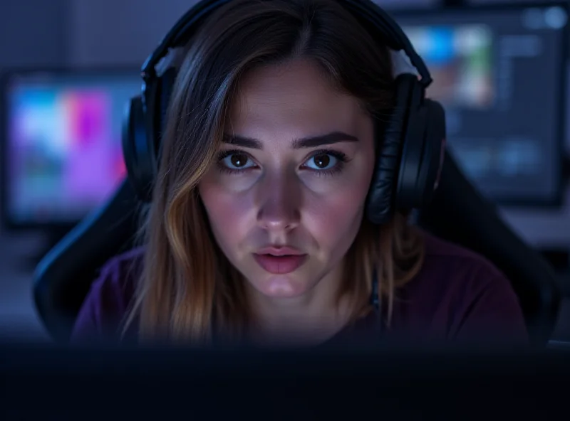 A concerned looking female streamer in front of her computer screen. 