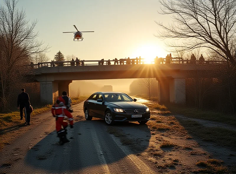 An elderly driver crashes his car into a concrete bridge in Bechyne, Czech Republic. Emergency responders are on the scene, with a helicopter landing nearby to transport the injured driver.