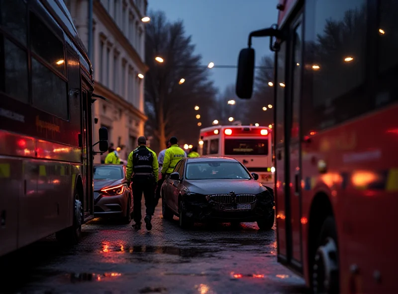 A damaged car sits on the road after colliding with a bus in Brno, Czech Republic. Police officers are investigating the scene, and an ambulance is visible in the background.