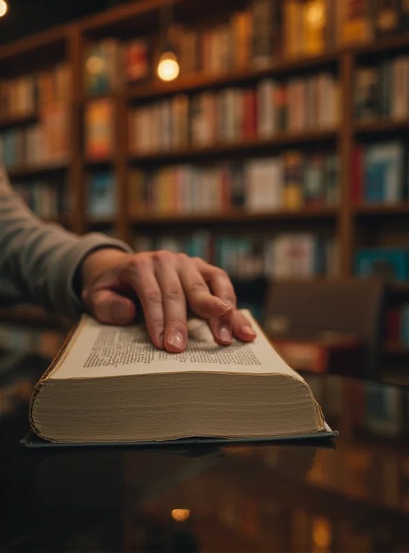 Close-up shot of a person's hand gently touching a book cover, with a blurred background of a cozy bookstore setting.