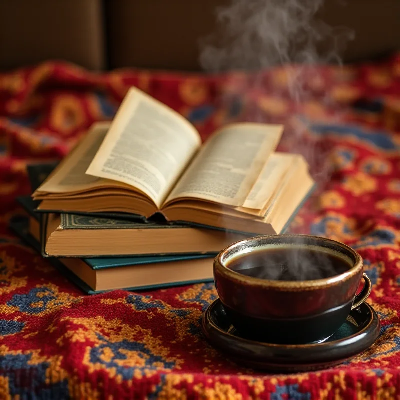 A stack of three books, one of which is partially open revealing text, resting on a colorful patterned blanket with a cup of steaming tea beside them.