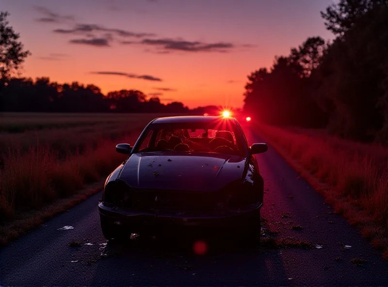 Wrecked car at dusk on a rural road with emergency lights flashing in the background.