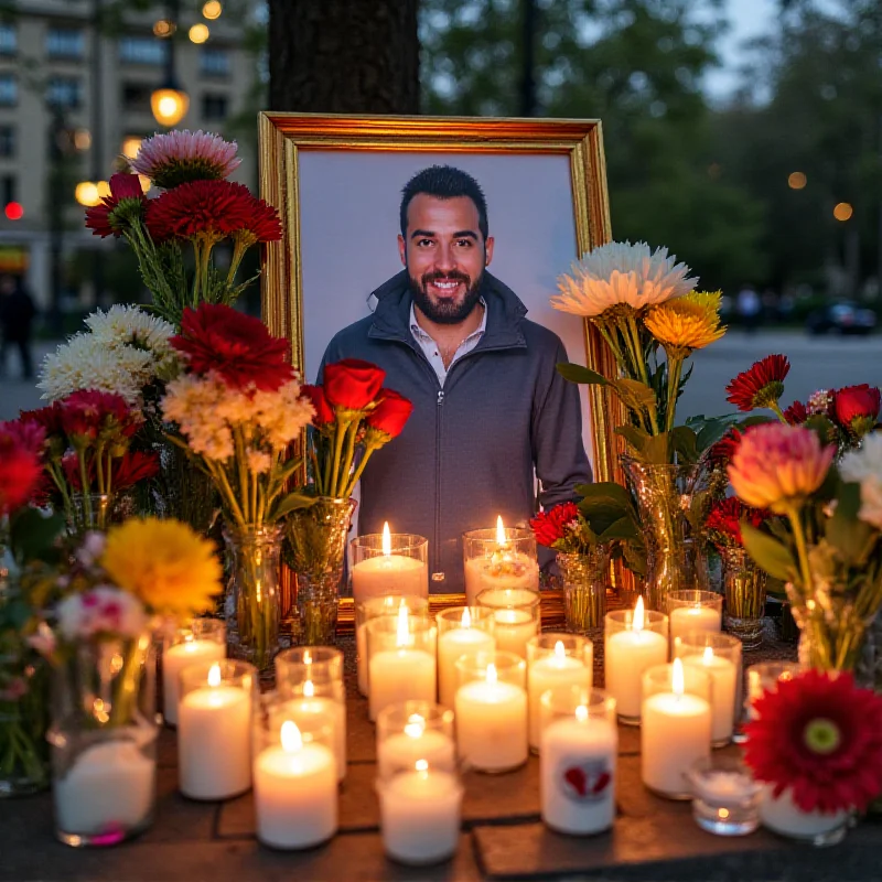 A memorial with candles and flowers dedicated to Rafał Natorski, with a framed photo of him in the center.