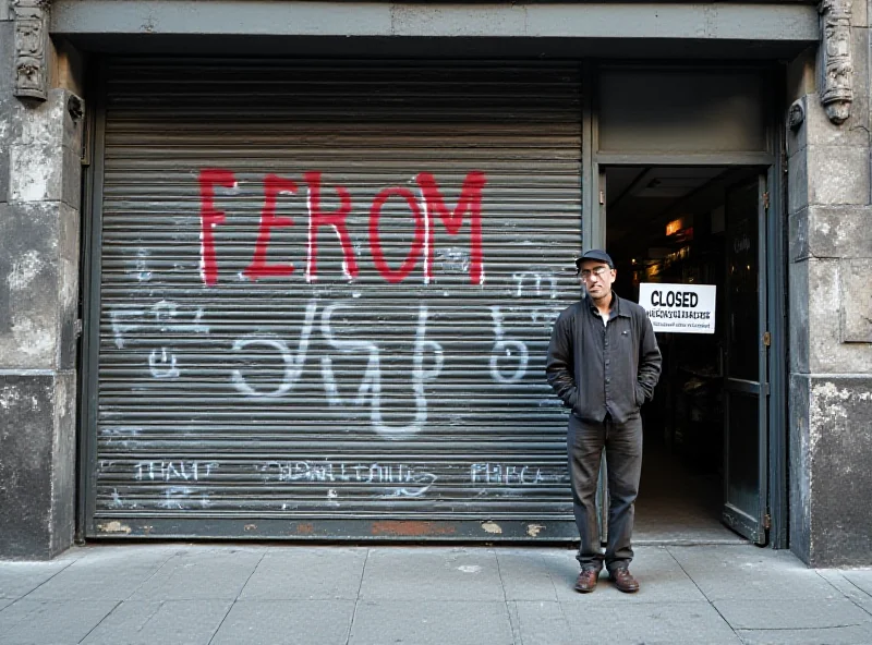 Image of a closed shop with graffiti and worried owner.