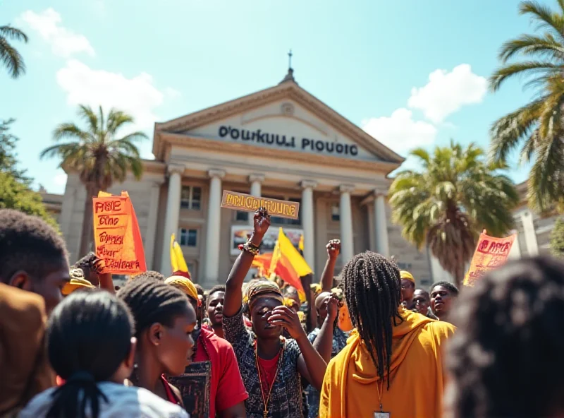 Crowd of Ugandan activists celebrating with banners and signs in front of a historical building in Kampala.