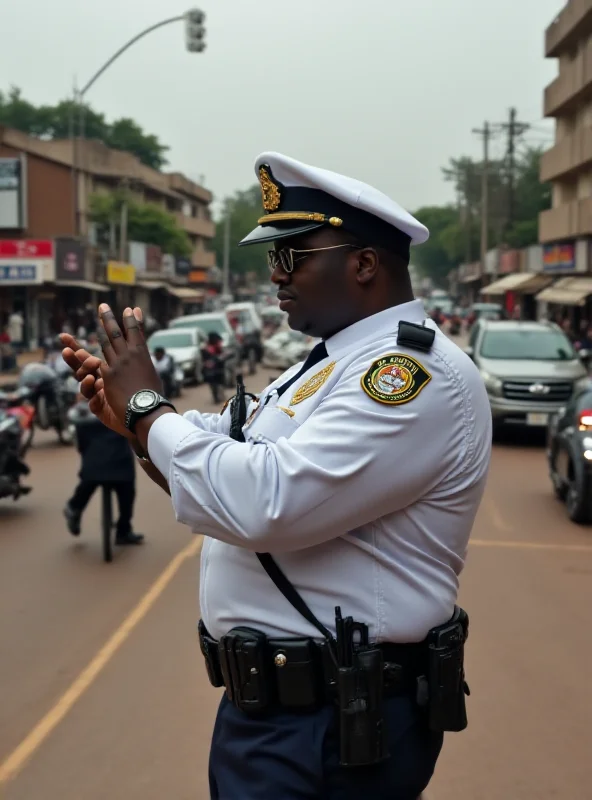 A Ugandan police officer directing traffic at a busy intersection with many motorcycles and cars.