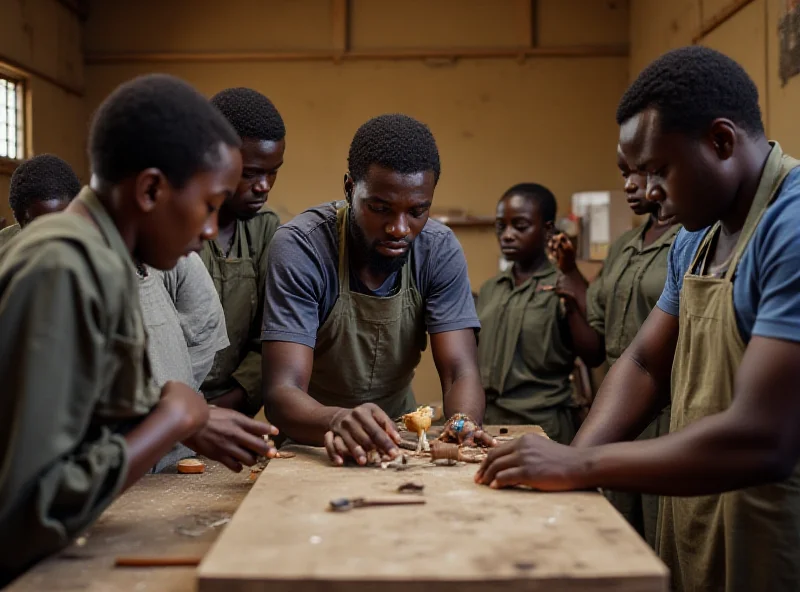 A group of young Ugandans learning a trade in a vocational training center, with an instructor demonstrating a technique.