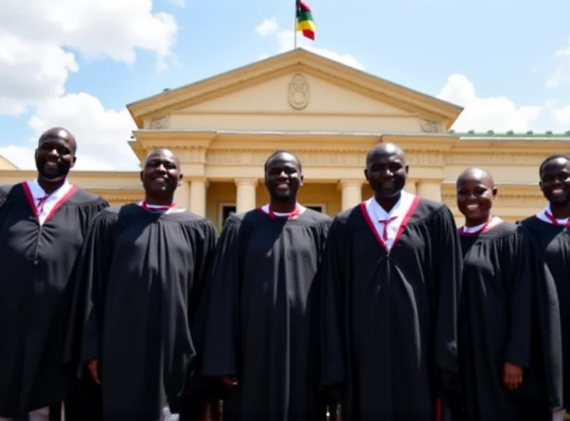Group of Ugandan High Court Judges standing in front of the High Court building, smiling.