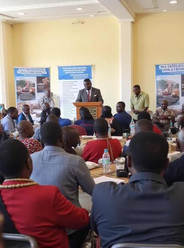A diverse group of civil servants attending a District Integrity Promotion Forum in Nabilatuk, Uganda. They are seated at tables, listening attentively to a speaker at a podium. The room is brightly lit and the atmosphere is professional and engaged.