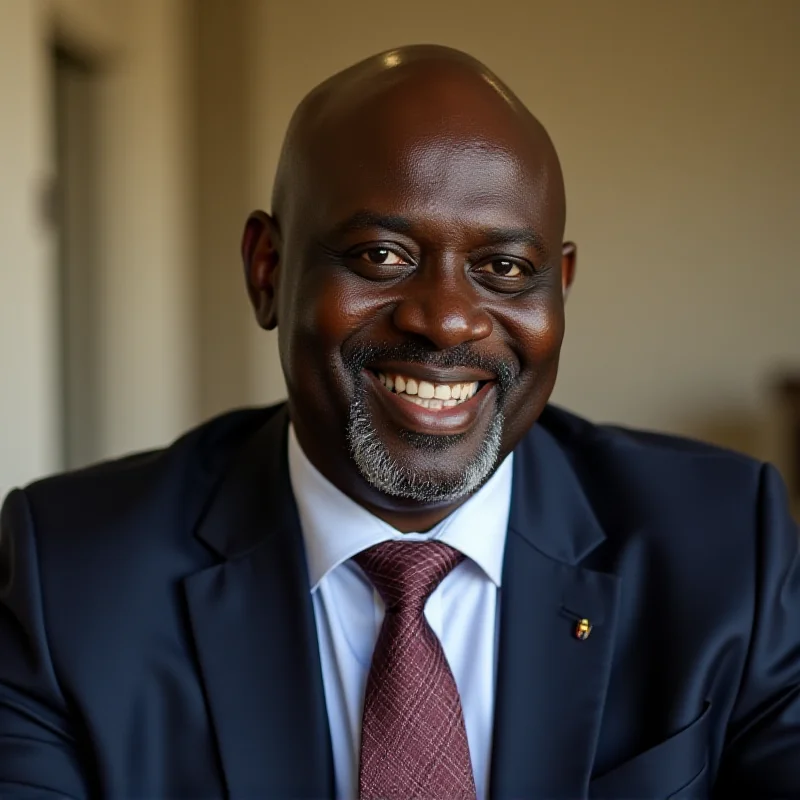 Denis Hamson Obua, a Ugandan politician, smiling confidently. He is wearing a formal suit. The background is blurred, suggesting a public event or office setting. The lighting is natural and the overall image exudes professionalism and confidence.