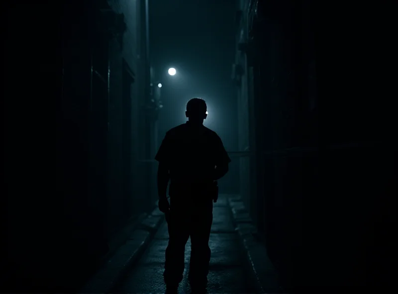 A silhouette of a police officer investigating a crime scene at night, symbolizing the ongoing investigation.