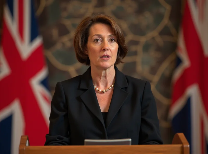 Anneliese Dodds giving a speech at a podium with the UK flag in the background.