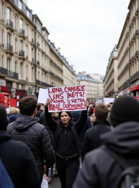 A large crowd of protestors marching down a street in Paris, holding signs and banners.