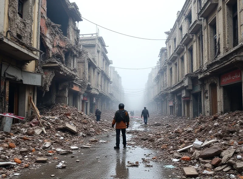 Damaged buildings after an explosion in a city street.