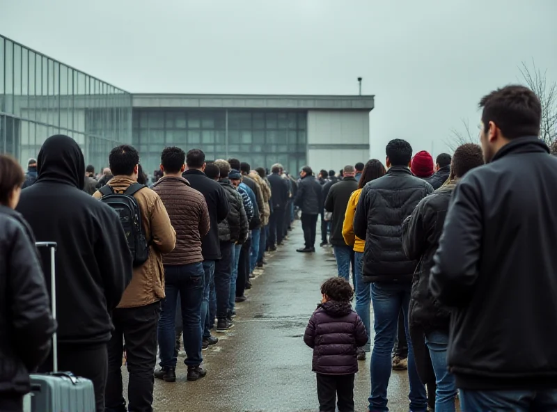 Image of people waiting in line at an immigration center, representing the asylum claim surge in the UK.