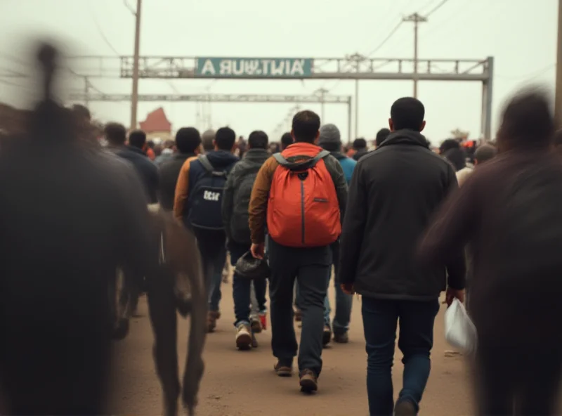 Crowd of people walking towards a border crossing, some carrying luggage, with a blurred background suggesting movement and uncertainty.