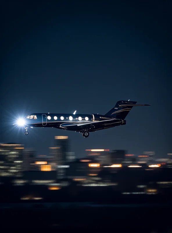 A private jet taking off at night, with city lights blurred in the background, symbolizing wealth, freedom, and potential escape.