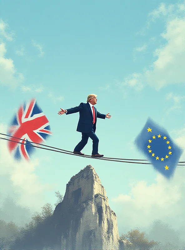 A digital illustration of the United Kingdom balancing on a tightrope between the United States and the European Union flags, with Ukraine's flag waving in the background.