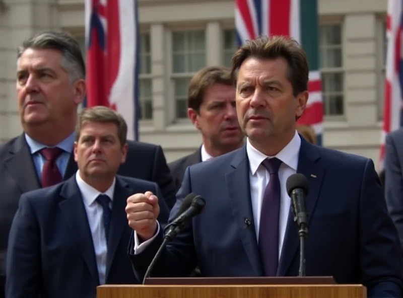 Volodymyr Zelensky addressing a crowd in London, with Keir Starmer standing beside him, both wearing serious expressions.