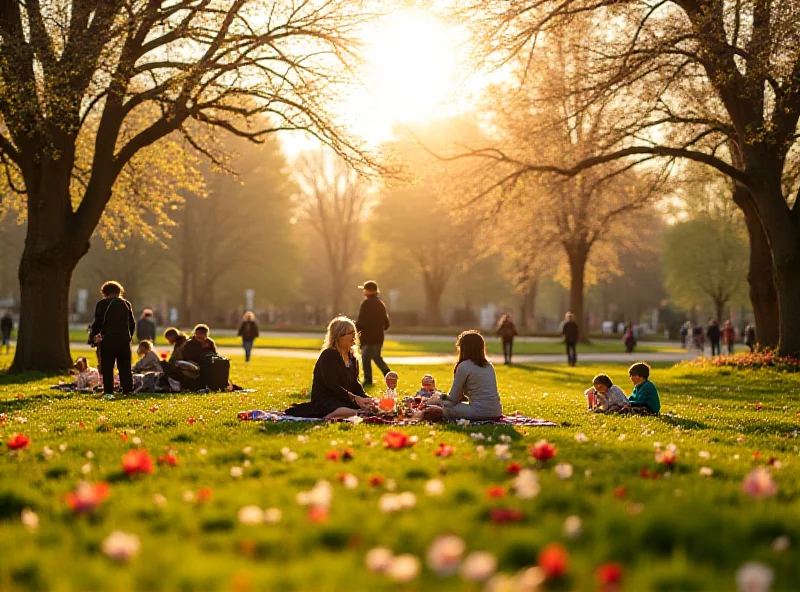 A park scene with people enjoying sunshine in early spring, with trees budding and flowers blooming.