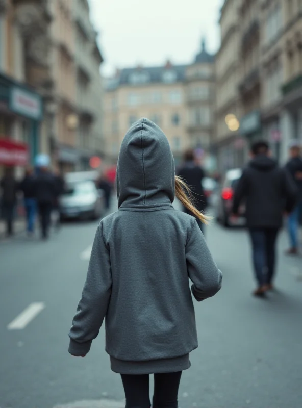 A blurred image of a young girl walking away from the camera, wearing a grey hoodie, on a city street.