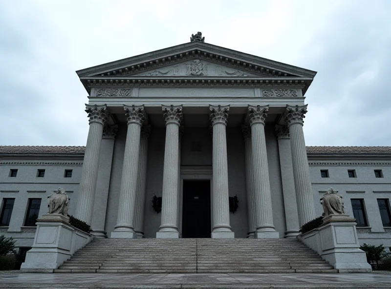 A somber image of a courthouse exterior on a cloudy day, emphasizing the seriousness of legal proceedings.