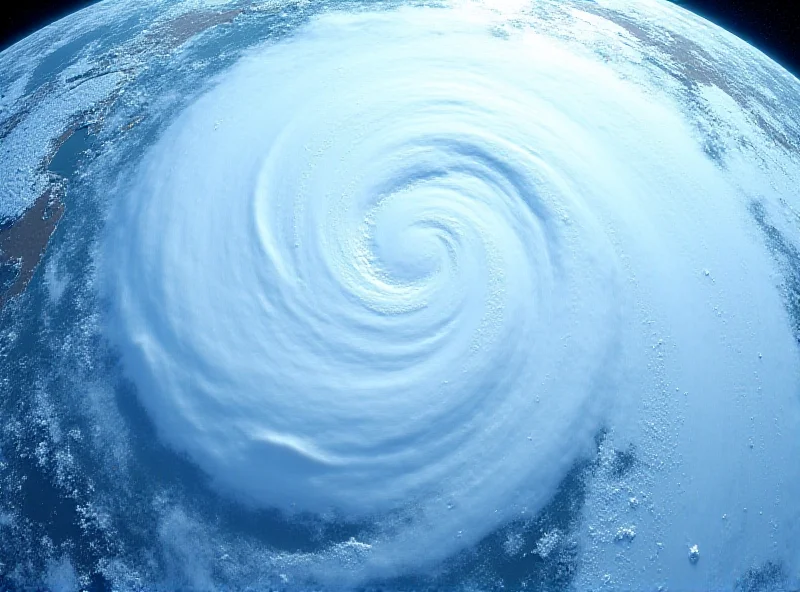 Satellite image showing a polar vortex over the Arctic, with swirling clouds and icy conditions.