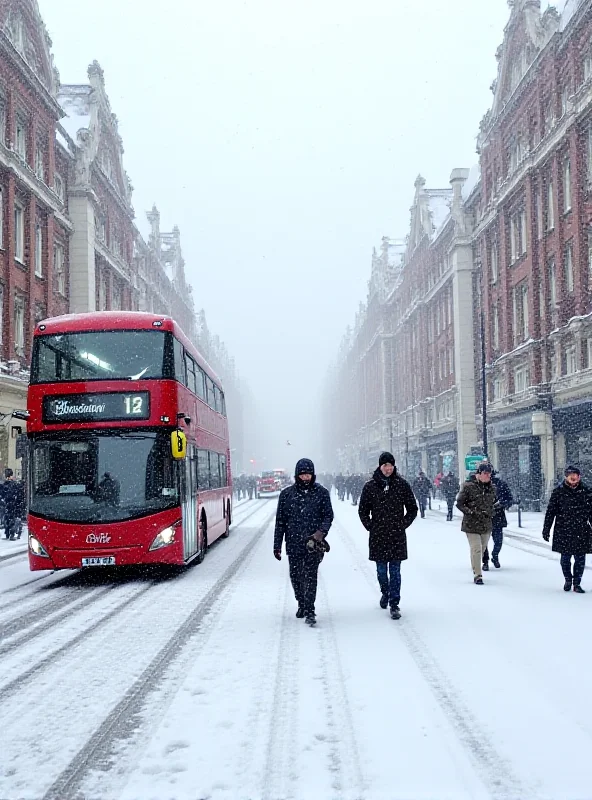 Snow covered city street in England with red double decker bus driving through the snow.