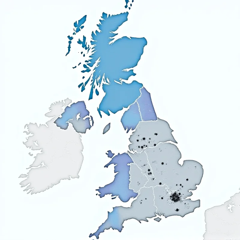 A weather map of the United Kingdom showing predicted snowfall amounts, with different colors representing varying levels of accumulation.