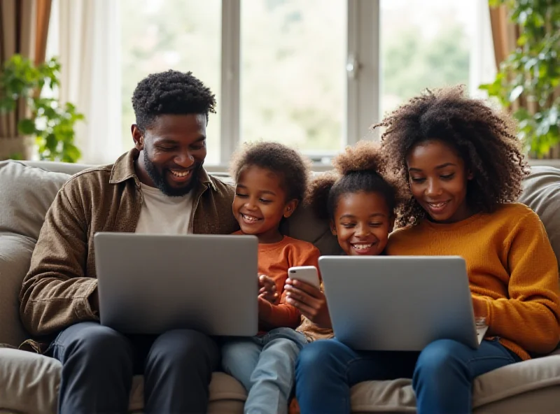 A family using various devices connected to the internet in their living room.