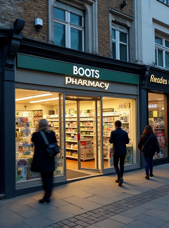 The storefront of a Boots pharmacy on a British high street.