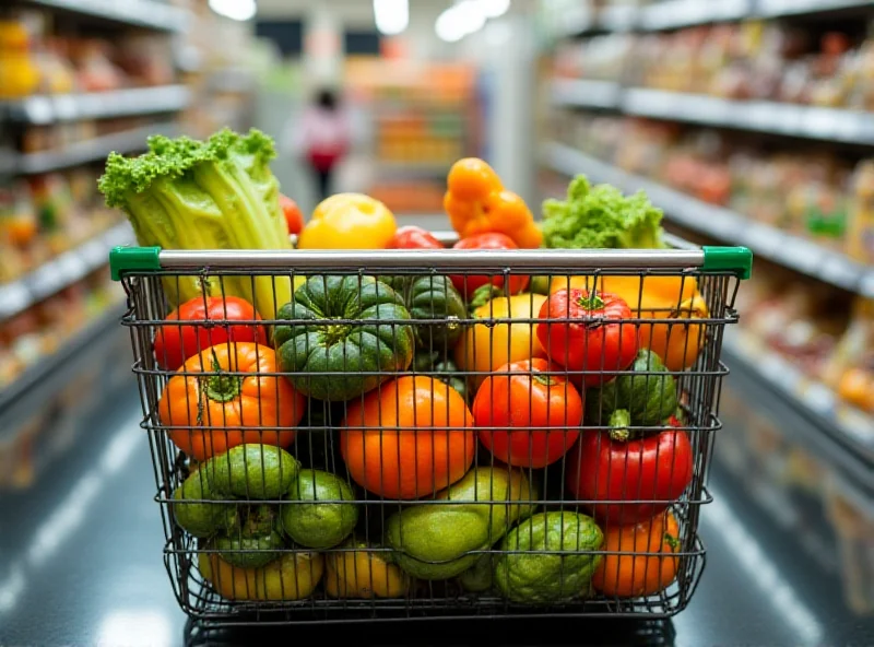 A shopping basket filled with groceries in a supermarket.