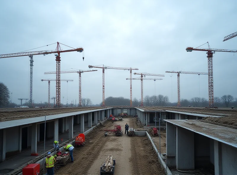 Construction site with cranes and unfinished buildings in the background, under a cloudy sky.