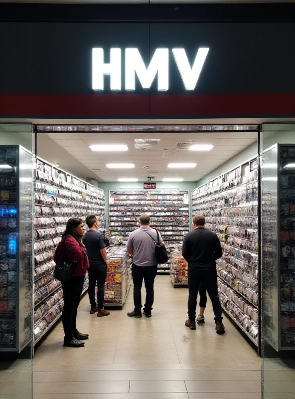 A modern HMV store front with people browsing inside. The HMV logo is prominently displayed above the entrance.