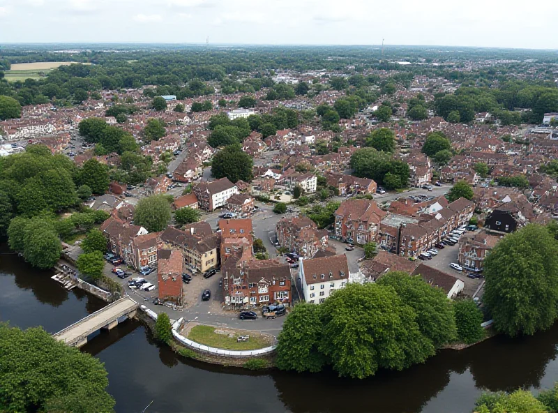 An aerial view of the town of Shrewsbury in Shropshire, UK, showcasing its historic architecture, river, and the existing train station.