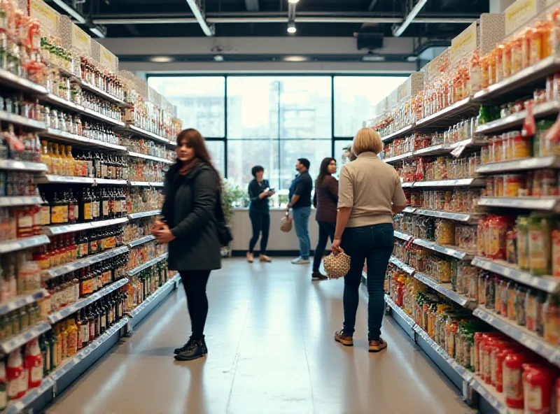 A bustling supermarket aisle filled with shoppers and various products.